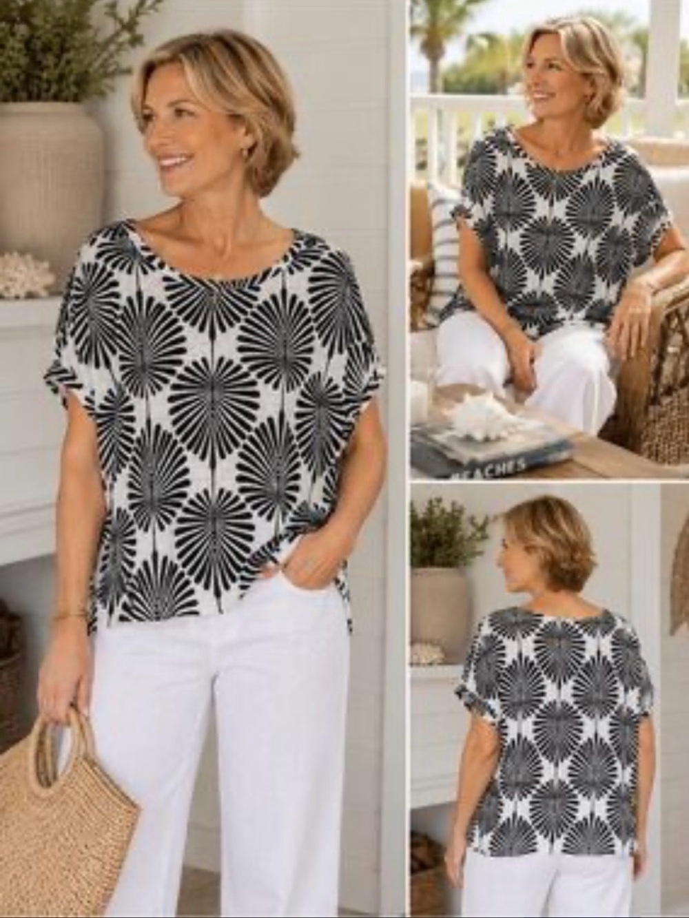 Joie Black & White Fan-Print Linen Blend Short-Sleeve Tunic Top